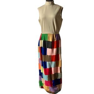 Vtg 70s Handmade Patchwork Skirt Mock Neck Boho Maxi Dress